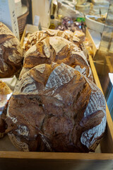 Oven baked sour dough organic bread in bakery