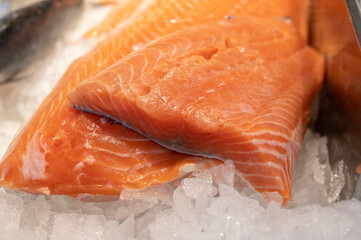 Organic wild scottish fish salmon cleaned on ice on market