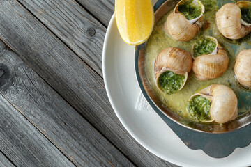 Prepared snails with butter sauce, white bread and spice on white salty plate on wooden background. Snails baked with sauce, Escargot Snails.