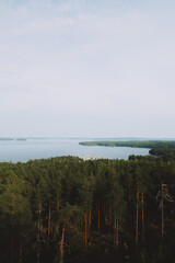 view of the lake päijänne and the marina from lookout tower iso-tuomas in padasjoki, finland