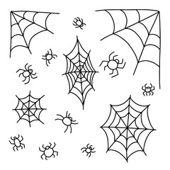 Vector doodle spider web and spiders set. Hand drawn doodle spider web illustration