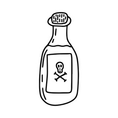 Vector doodle poisonous potion in a glass bottle with skull. Hand drawn magic glass pottle with potion isolated