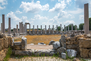 Perge, view on the ruins of Market square. Greco-Roman ancient city Perga. Greek colony from 7th century BC, conquered by Persians and Alexander the Great in 334 BC.