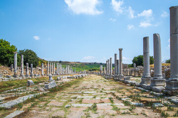 Perge, Colonnaded street and ruins of private houses on the sides. Greek colony from 7th century BC, conquered by Persians and Alexander the Great in 334 BC.