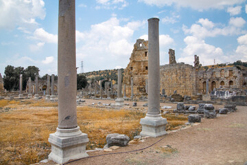 Fototapeta na wymiar Perge, view on the ruins of Market square. Greco-Roman ancient city Perga. Greek colony from 7th century BC, conquered by Persians and Alexander the Great in 334 BC.