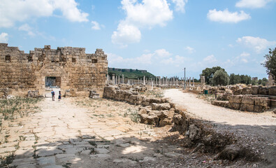 The Later City Gate from the 4th century of Perge. Greco-Roman ancient city Perga. Greek colony...