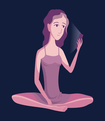 Smartphonesat night. People using gadget. Female person playing online video game or chatting on social networks in the bedtime. Charactes with phone device. Using mobile before sleep