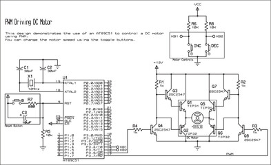 Vector diagram of an electrical schematic of a digital device
(driving dc motor), operating under the control of an 8051 microcontroller.
Vector drawing of an electronic
motor speed control device.