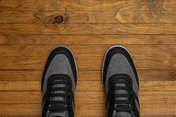 Flat Lay View men shoes on wood background studio photography