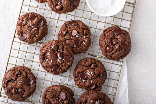 Double chocolate cookies with dark chocolate chips and salt flakes