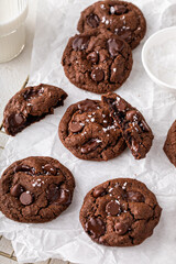 Double chocolate cookies with dark chocolate chips and salt flakes