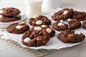 Chocolate chip and marshmallow dark chocolate cookies