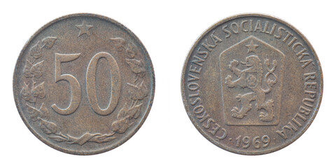 Old inactive Czechoslovak of 1969 with a denomination of 50 fifty heller coin close-up isolated on a white background.