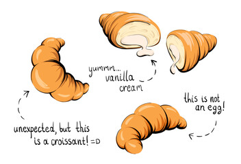 Set of appetizing hot croissants with handwriting text. Fresh bakery. Croissant cut in half with cream. Hand-drawn bake. Doodle. Isolated on white background.