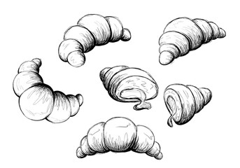 Set of hand drawn croissants. Sketch illustration. Fresh bakery. Croissant cut in half with cream. Hand-drawn bake. Doodle. Isolated on white background.