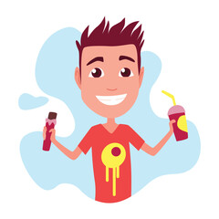 Kid having breakfast or lunch meal. Boy eating and drinking food, drinks. Smiling children enjoy dishes. Eating habits nutrition