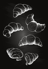 Set of hand drawn croissants. Sketch illustration on a chalkboard. Fresh bakery. Croissant cut in half with cream. Hand-drawn bake. Doodle. Isolated on white background.