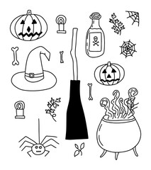 Hand drawn Halloween doodle elements set. Pumpkin, spider, potion bottle, witch hat, broom and bone sketch