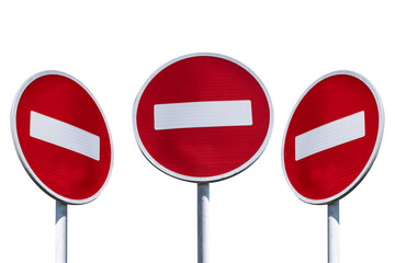 Set of 3 three traffic signs No entry straight, left, right png photo. Brick sign isolated on a transparent background.