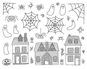 Obraz premium Halloween coloring page with country houses, ghost and spiders. Hand drawn vector doodle Halloween haunted houses set