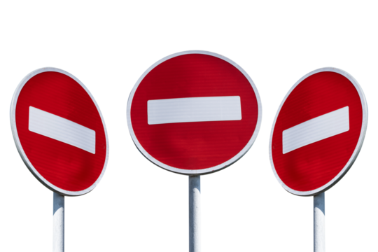 Set of 3 three traffic signs No entry straight, left, right png photo. Brick sign isolated on a transparent background.