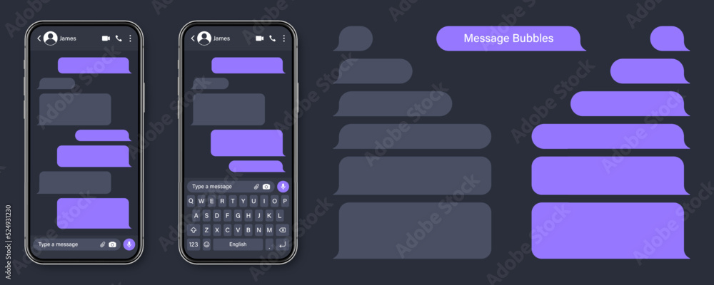 Wall mural Realistic smartphone with messaging app. Blank SMS text frame. Conversation chat screen with violet message bubbles. Social media application. Vector illustration.