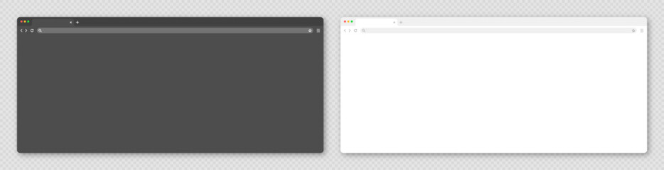 Blank web browser window with tab, toolbar and search field. Modern website, internet page in flat style. Browser mockup for computer, tablet and smartphone. Light and dark mode. Vector illustration