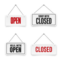 Realistic open or closed hanging signboards. Vintage door sign for cafe, restaurant, bar or retail store. Announcement banner, information signage for business or service. Vector illustration