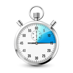 Realistic classic stopwatch icon. Shiny metal chronometer, time counter with dial. Blue countdown timer showing minutes and seconds. Time measurement for sport, start and finish. Vector illustration