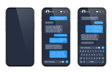 Realistic smartphone with messaging app. SMS text frame. Conversation chat screen with blue message bubbles and placeholder text. Social media application. Vector illustration.