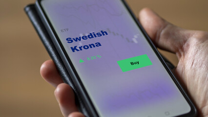 An investor's analyzing the Swedish Krona etf fund on screen. A phone shows the ETF's prices swedish krona to invest