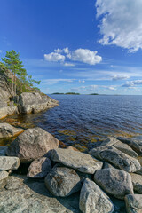Fototapeta na wymiar Beautiful stones and pine trees on the lake. Landscape of wild nature.