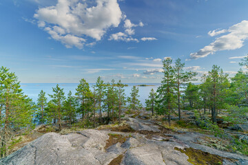 Beautiful stones and pine trees on the lake. Landscape of wild nature.