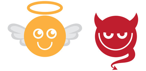Emoji emoticons of an angel and a devil representing good and evil