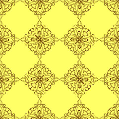 seamless graphic pattern, floral brown tile ornament on yellow background, texture, design
