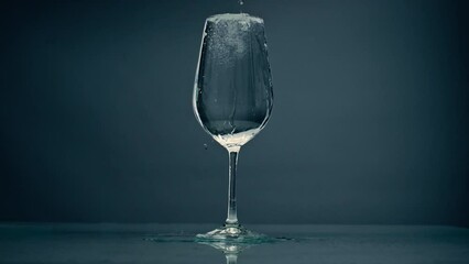 Pure water overflowing glass closeup. Cool refreshing liquid spilling wine cup