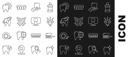 Set line Tooth whitening concept, Toothbrush with toothpaste, Diamond teeth, Crossed tube of, treatment procedure and Dental clinic location icon. Vector