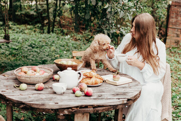 young woman model plus size in white dress sit at table with pet dog poodle, resting and drinking tea after harvesting autumn in back yard, fall and harvest, zero waste life, eco-friendly simple life