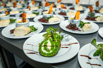 Green vegetarian roll as an appetizer ready in the kitchen to be served