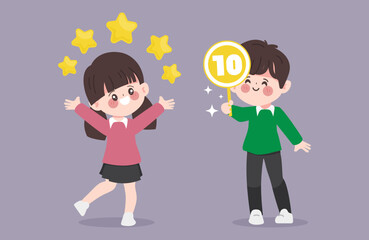 Cartoon hand drawn character girl and boy get point in student. Character vector student back to school design.