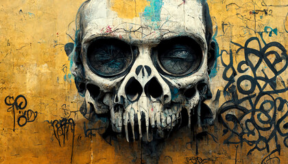 skull graffiti on the wall on background