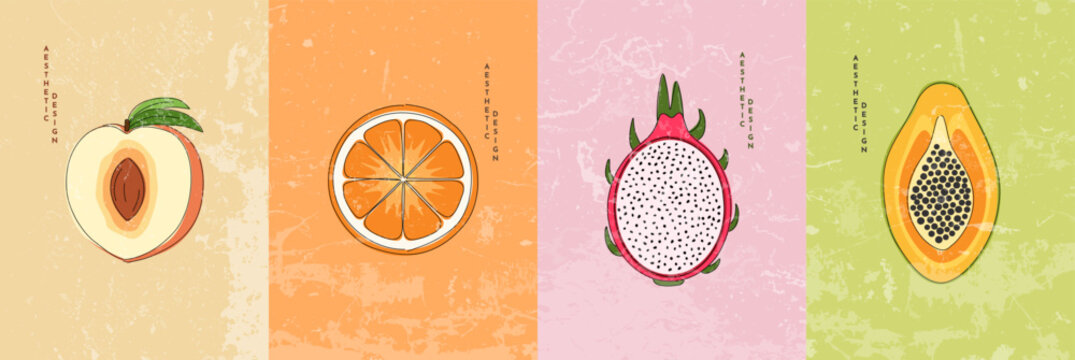 Vector illustration. Collection of contemporary art backgrounds. Hand drawn peach, orange, dragon fruit, papaya. Line and shape drawing. Flat cartoon style. Design for poster, cover, magazine, layout