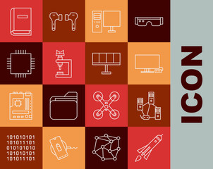 Set line Rocket ship with fire, Computer network, Smart Tv, monitor, Microscope, Processor microcircuits CPU, User manual and Solar energy panel icon. Vector