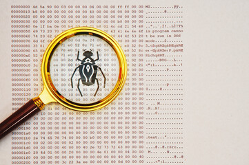 computer malware virus magnifying glass investigates and zoom silhouette one bugs on paper with...