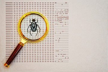 computer malware virus magnifying glass investigates and zoom silhouette one bugs on paper with...