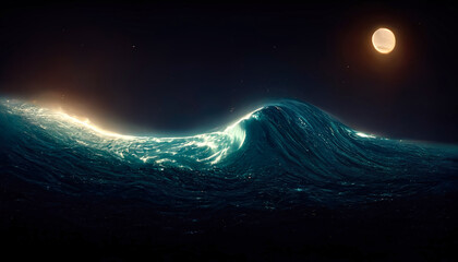 Fototapeta premium Abstract night seascape. Moon over the sea. Planet in the water. neon light. Seascape, ocean, night landscape. 3D illustration.