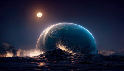 Abstract night seascape. Moon over the sea. Planet in the water. neon light. Seascape, ocean, night landscape. 3D illustration.