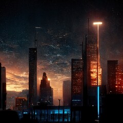 Metropolis skyline at twilight with skyscrapers and lights. 3d illustation.