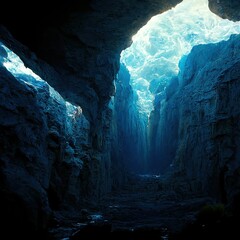 Cave and rock formations with light. 3d rendered illustration.