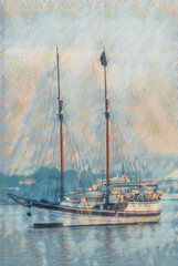 An illustration of a private sail, two mast ship, in the harbor of Bergen, Norway. 